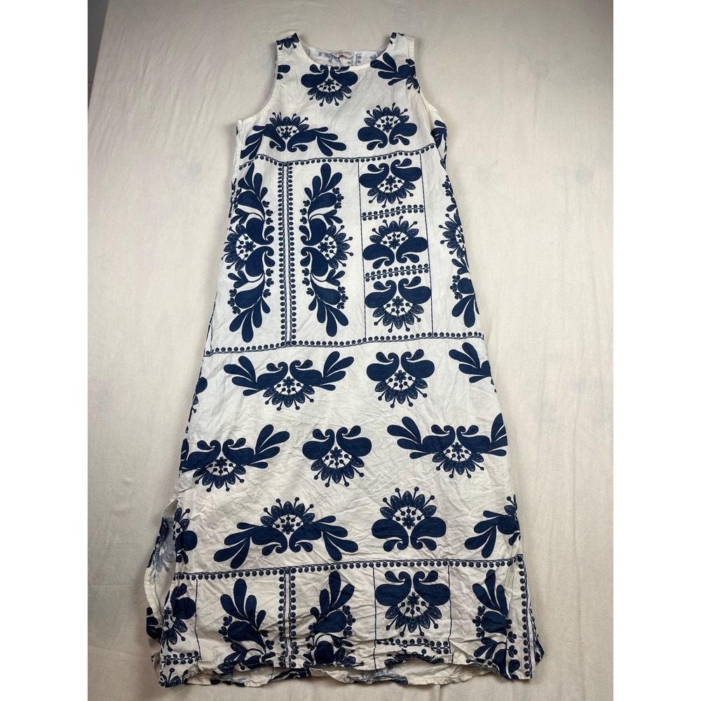 Spighe Di Lino Italy Linen Cotton Blue White Floral Maxi Dress Pockets Size M